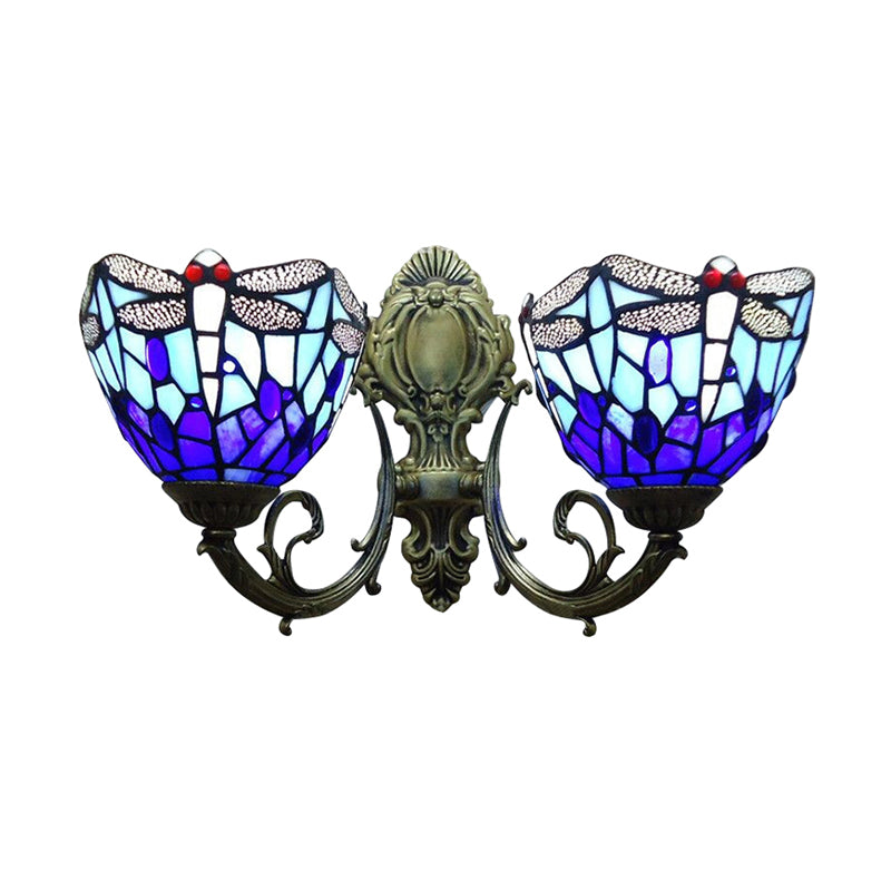 BowLift | 8.5"/11" Width Dragonfly Living Room Wall Lamp Stained Glass 2 Heads Tiffany Vintage Wall Light in Blue