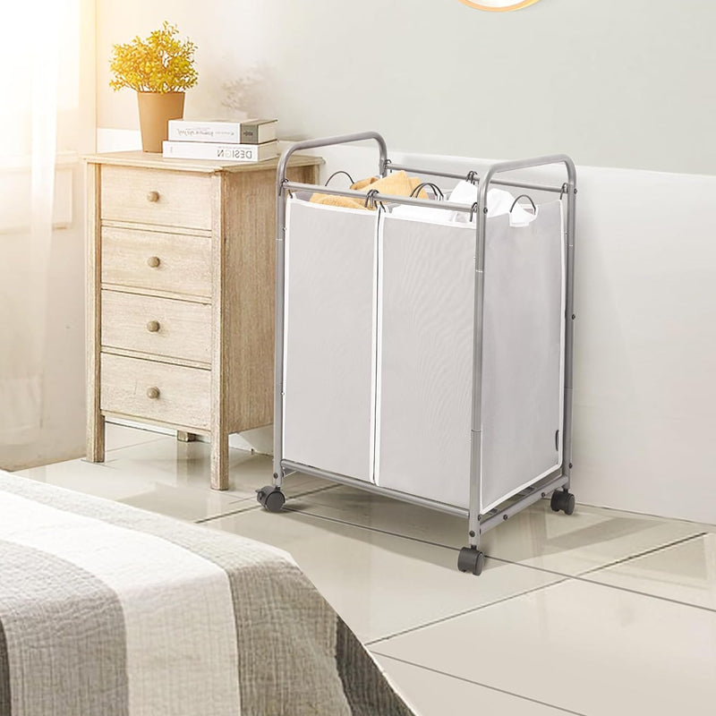 BowLift | 2 Section Laundry Cart Laundry Basket with Lockable Wheels and Removable Bag Rolling Laundry Sorter