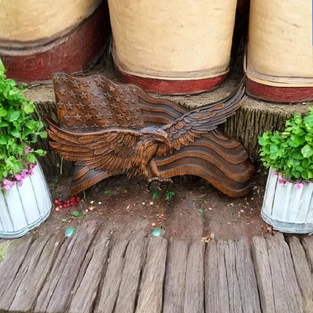 BowLift | American Flag Wood Wall Art Hand Carved Eagle Patriotic Decoration