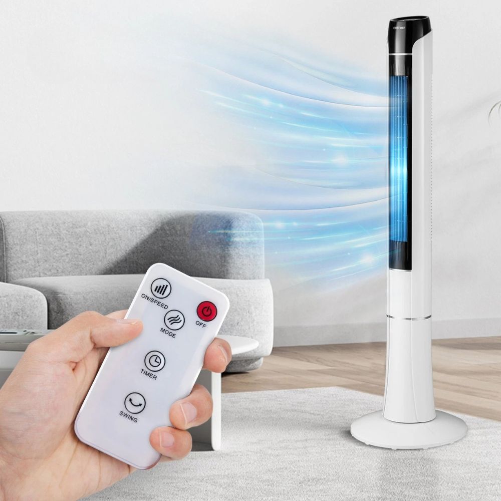 BowLift | Bladeless tower fan oscillating floor fan with remote, 3 speeds, and 7.5-hour timer