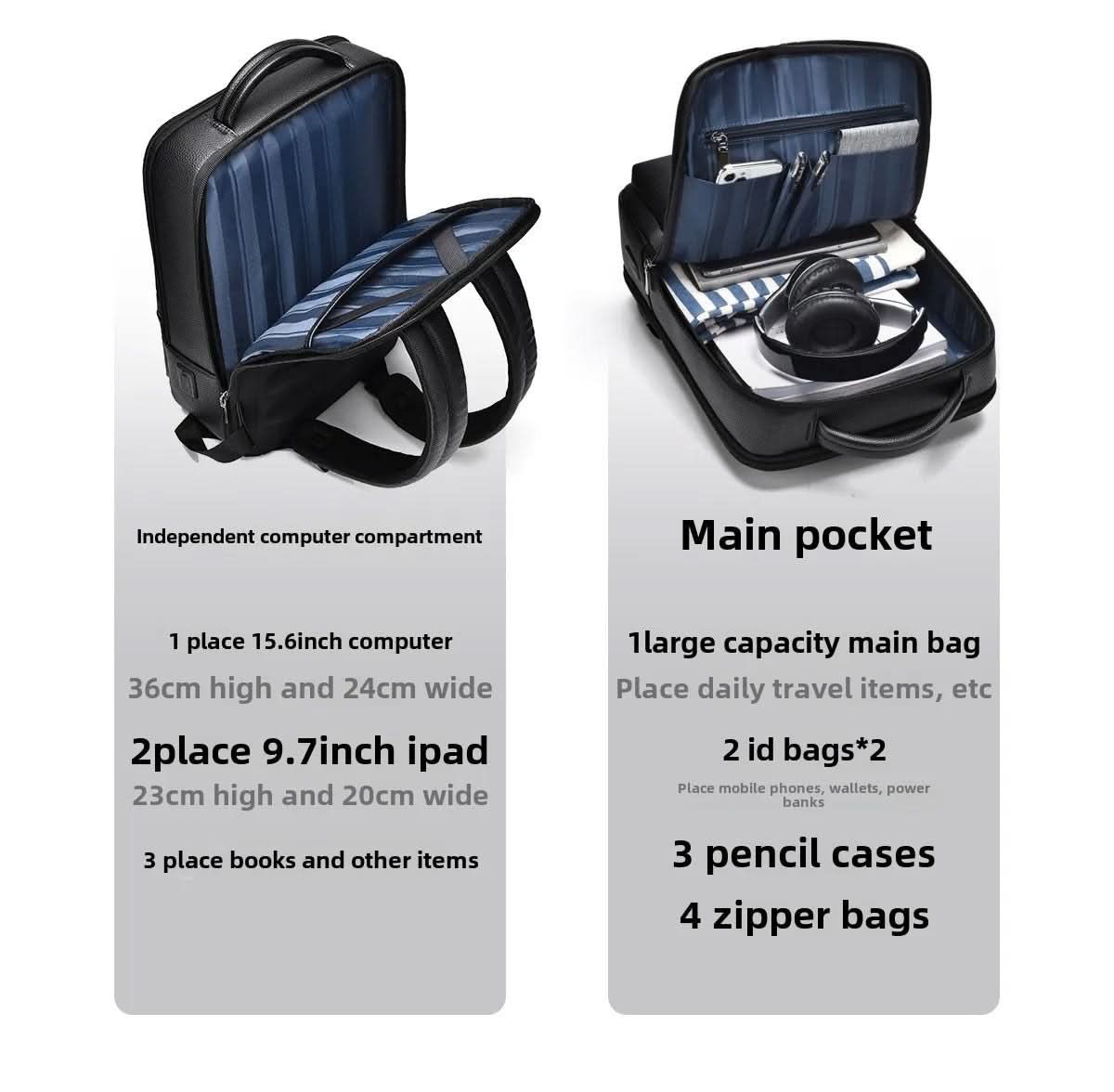 BowLift | Elegant leather rucksack for men/women with USB port for laptop and everyday use, 15.6 inch, black