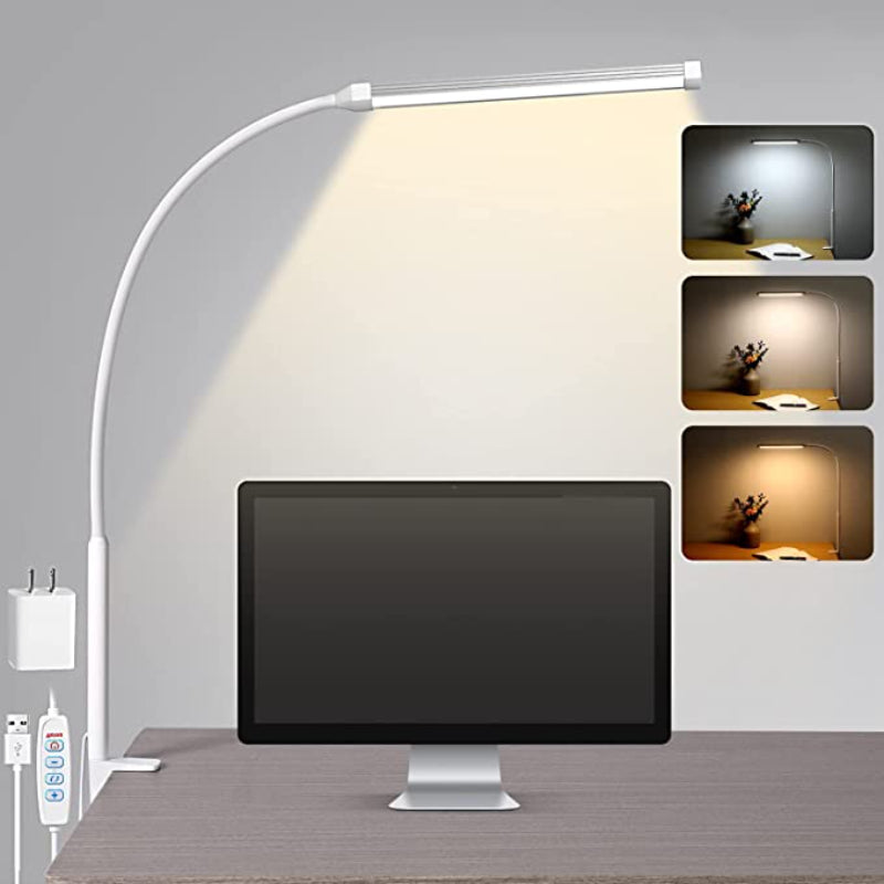 BowLift | LED Desk Lamp with Lamp, eye-friendly Clip-On Lights for the Home Office, 3 Modes 10 Brightness Levels, long flexible Gooseneck, Metal, Swing Arm Architect Task Desk Lamps with USB Adapter, White