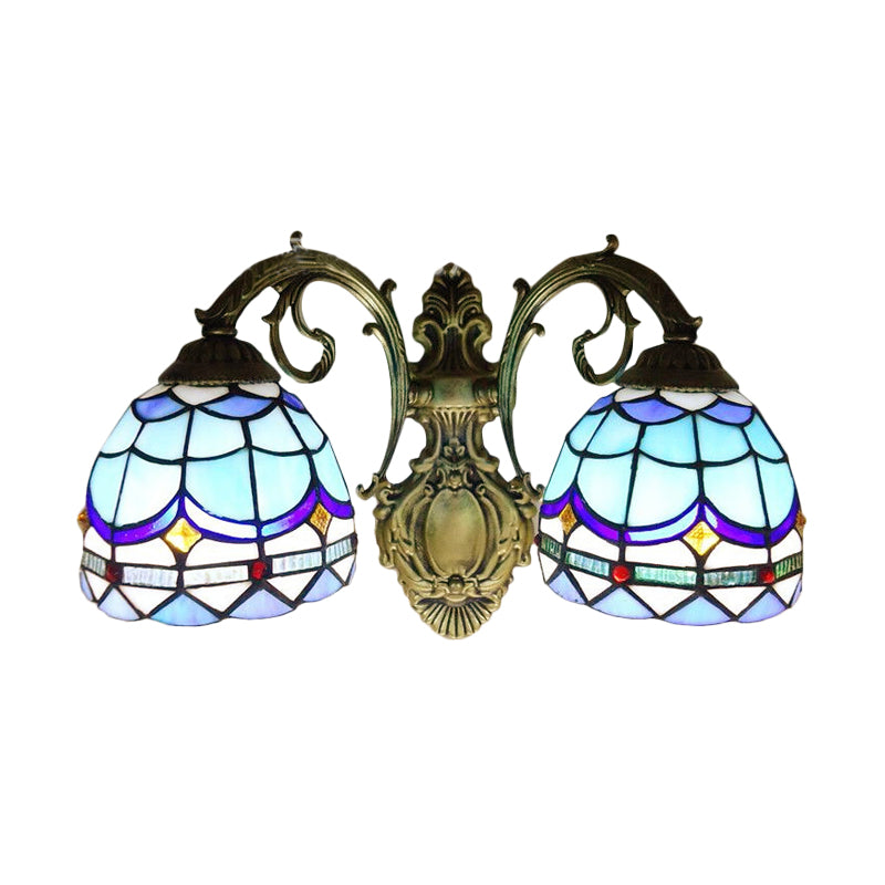 BowLift | Baroque Dome Wall Lamp with Curved Arm Colored Glass 2 Light Wall Lamp 11"/8.5" Height in Blue for Bedroom