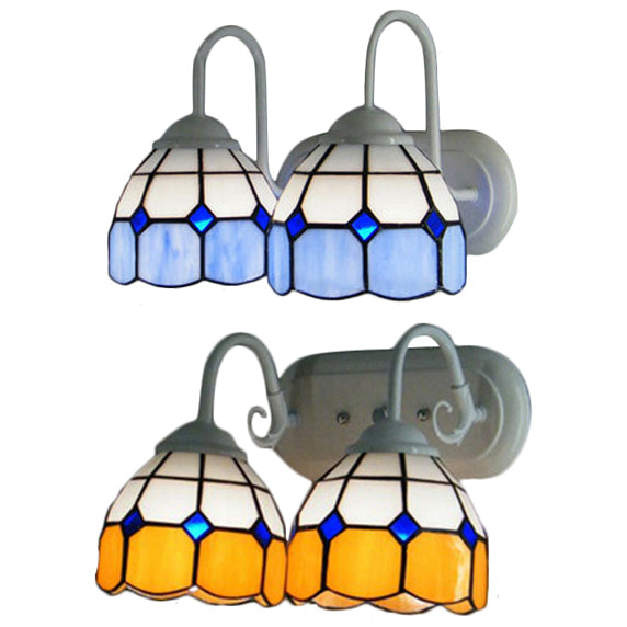 BowLift | 2 Heads Bowl Wall Lamp with Curved Arm Grid Glass Tiffany Style Vanity Lighting in Blue/Orange for Bathroom