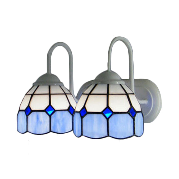 BowLift | 2 Heads Bowl Wall Lamp with Curved Arm Grid Glass Tiffany Style Vanity Lighting in Blue/Orange for Bathroom