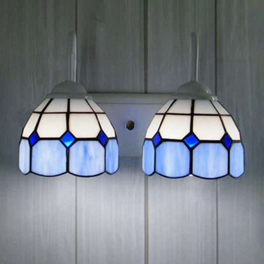 BowLift | 2 Heads Bowl Wall Lamp with Curved Arm Grid Glass Tiffany Style Vanity Lighting in Blue/Orange for Bathroom