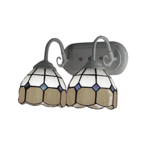 BowLift | 2 Heads Bowl Wall Lamp with Curved Arm Grid Glass Tiffany Style Vanity Lighting in Blue/Orange for Bathroom