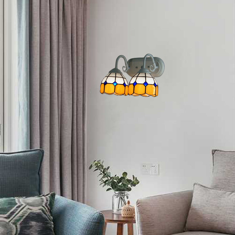 BowLift | 2 Heads Bowl Wall Lamp with Curved Arm Grid Glass Tiffany Style Vanity Lighting in Blue/Orange for Bathroom