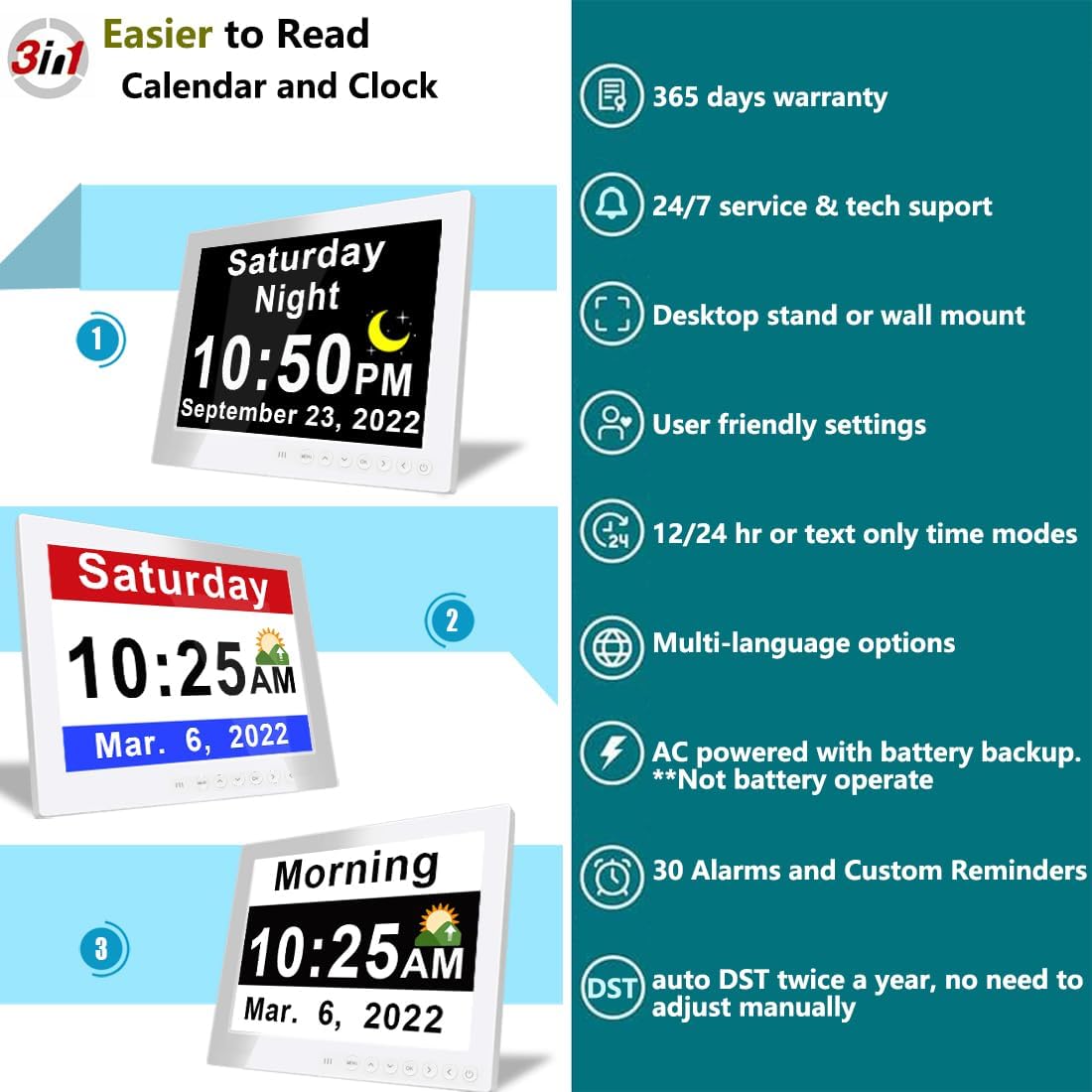 BowLift | 11.5-Inch Digital Calendar Day Clock with 19 Reminders – Claryon