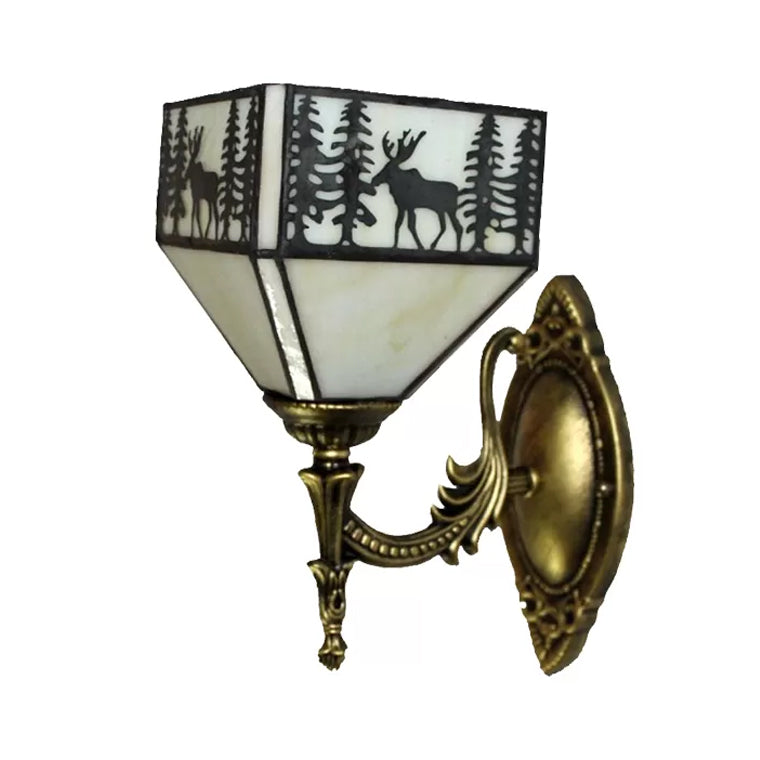 BowLift | Lodge Stained Glass Wall Lighting with Curved Arm Single Light Mini Wall Mount Light