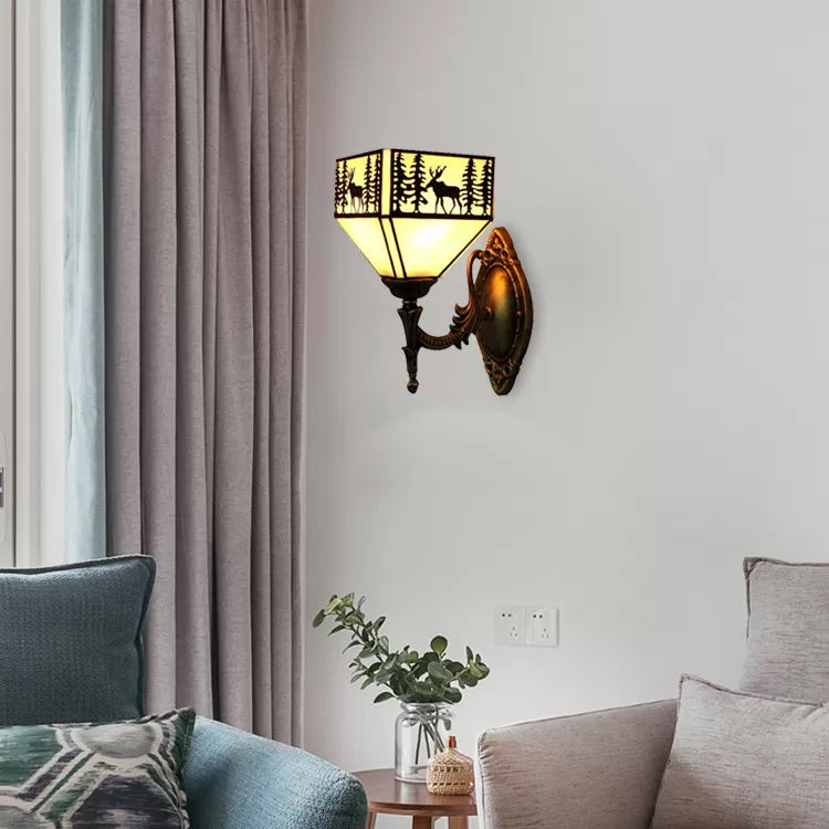 BowLift | Lodge Stained Glass Wall Lighting with Curved Arm Single Light Mini Wall Mount Light