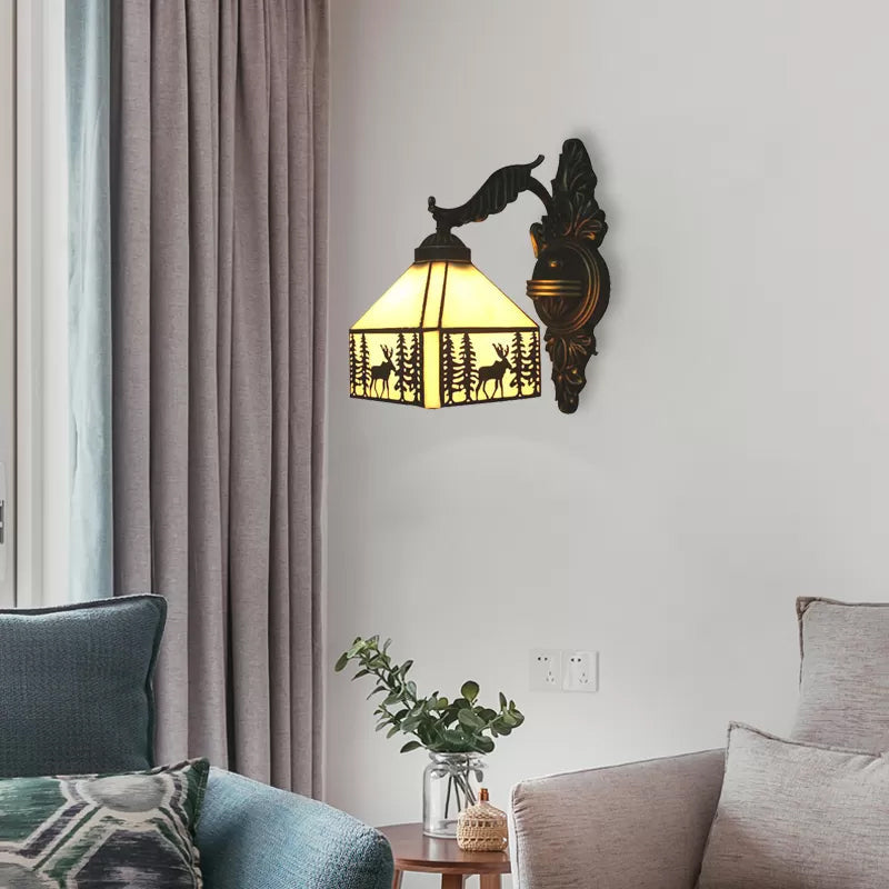 BowLift | Lodge Stained Glass Wall Lighting with Curved Arm Single Light Mini Wall Mount Light