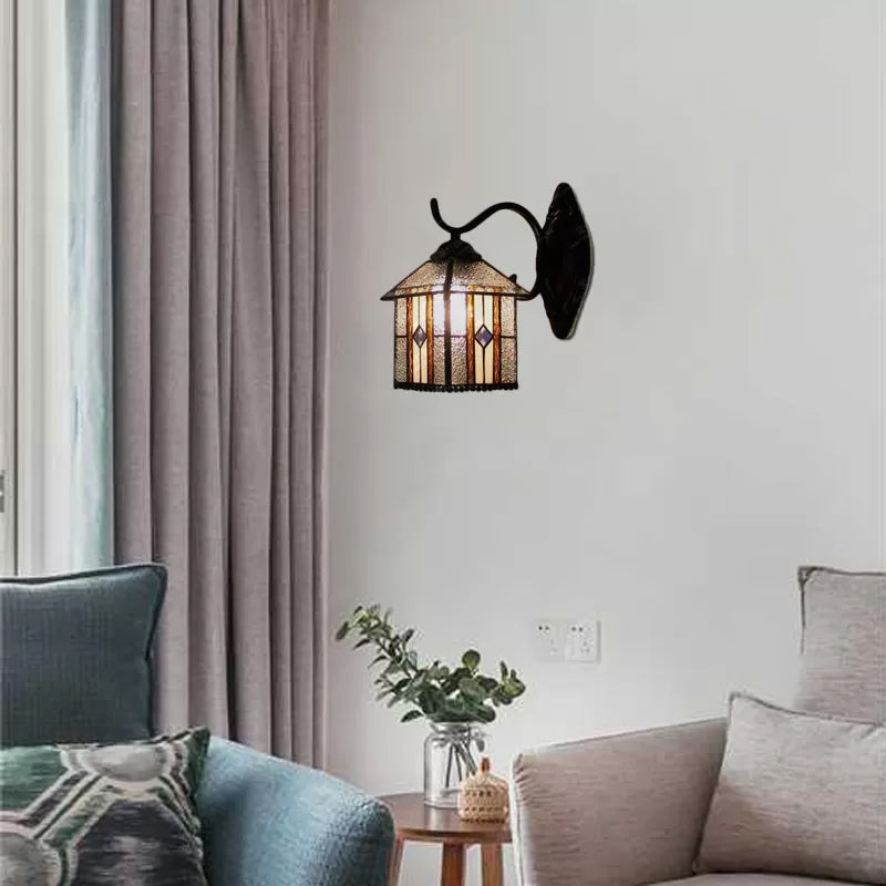 BowLift | Lodge Stained Glass Wall Lighting with Curved Arm Single Light Mini Wall Mount Light