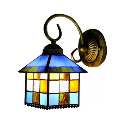 BowLift | Lodge Stained Glass Wall Lighting with Curved Arm Single Light Mini Wall Mount Light