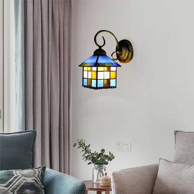 BowLift | Lodge Stained Glass Wall Lighting with Curved Arm Single Light Mini Wall Mount Light