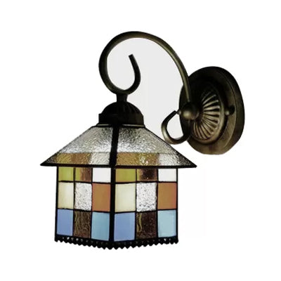 BowLift | Lodge Stained Glass Wall Lighting with Curved Arm Single Light Mini Wall Mount Light