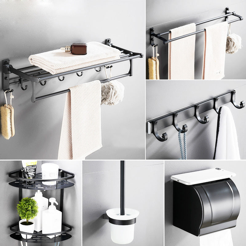 BowLift | 6-piece modern bathroom hardware set in matte black with bathroom shelf/towel holder & bathrobe hooks