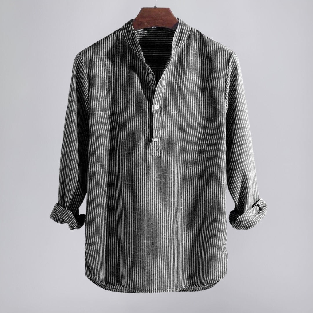 Striped Henley Shirt with Band Collar