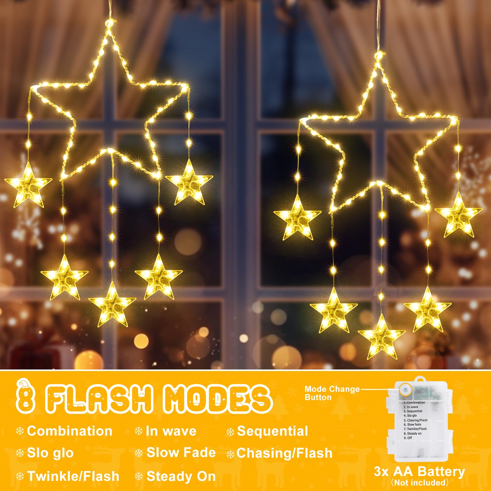 BowLift | Quntis 2Pcs 95cm Large Christmas Window Lights, 84LED 12 Stars Battery Operated Christmas Silhouette Sparkle Star Lights with Timer Memory, 8 Modes Xmas Indoor Outdoor Hanging Decoration, Warm White