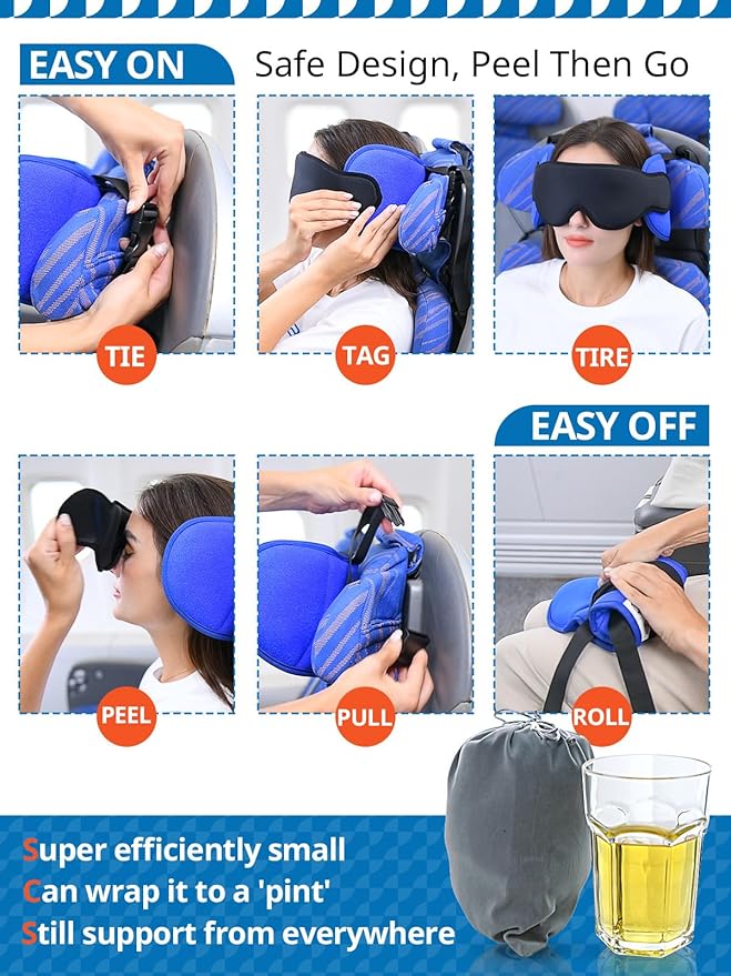 BowLift | 360° travel neck pillow set with adjustable head strap and eye mask for sleeping comfort