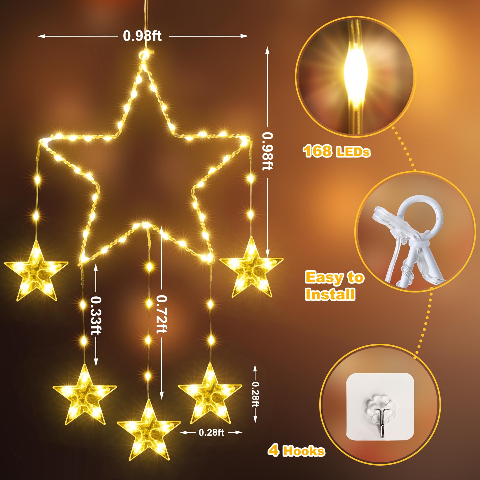 BowLift | Quntis 2Pcs 95cm Large Christmas Window Lights, 84LED 12 Stars Battery Operated Christmas Silhouette Sparkle Star Lights with Timer Memory, 8 Modes Xmas Indoor Outdoor Hanging Decoration, Warm White