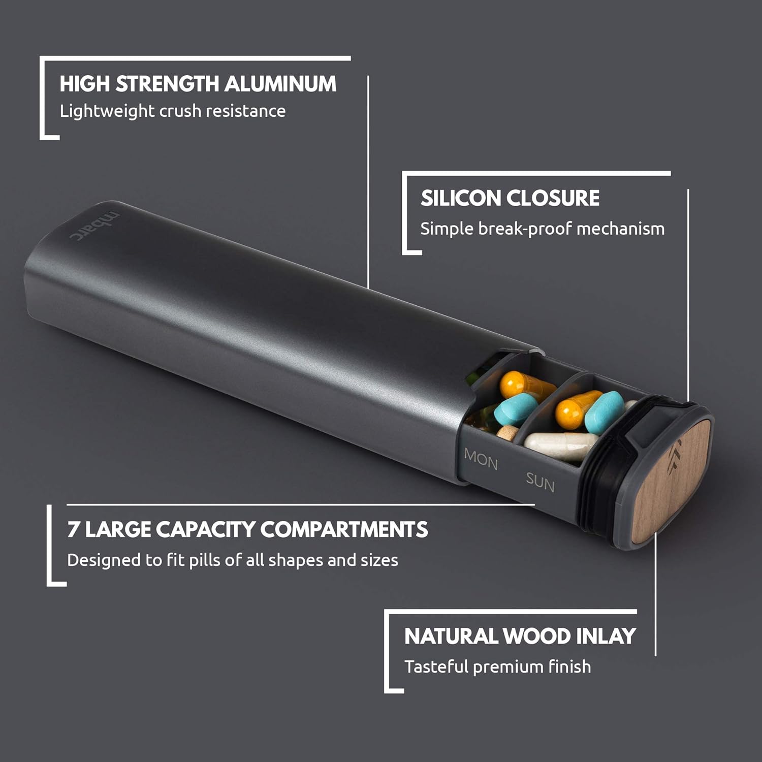 BowLift | Weekly Pill Organizer | Premium Aluminium & Wooden Design for Home, Office & Travel