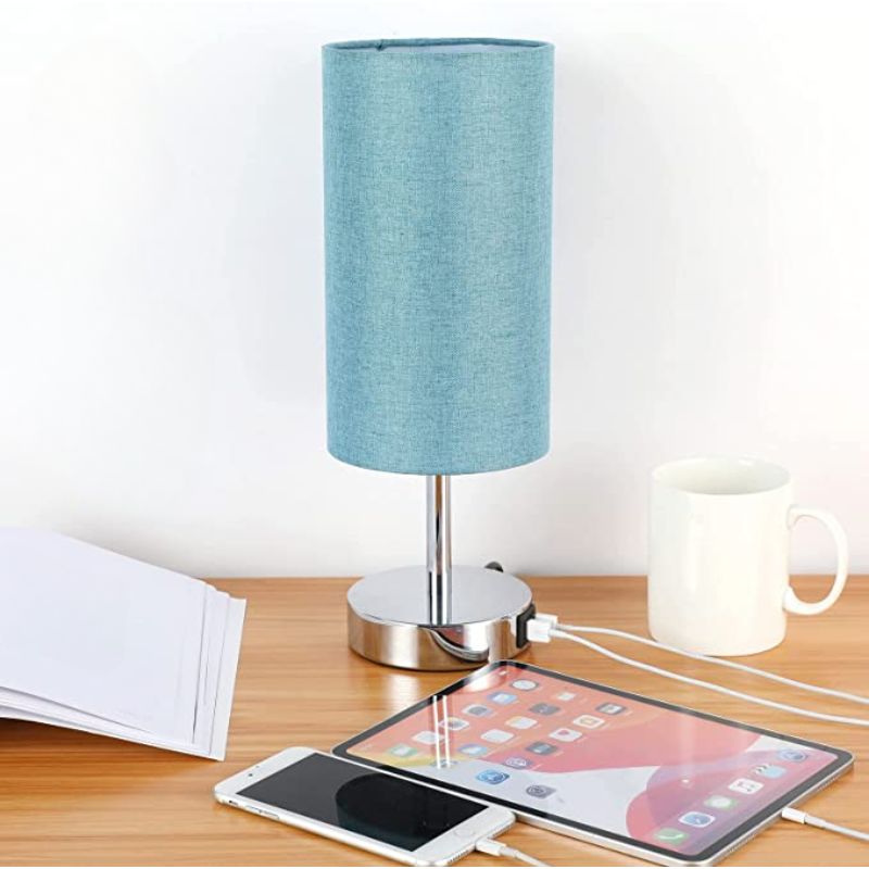 BowLift | Lamp with USB connection Touch-Control Table Lamp for Bedroom Wood 3-stage dimmable Bedside Lamp with Round Linen Fabric Shade for Living Room, Student Dorm, Home Office