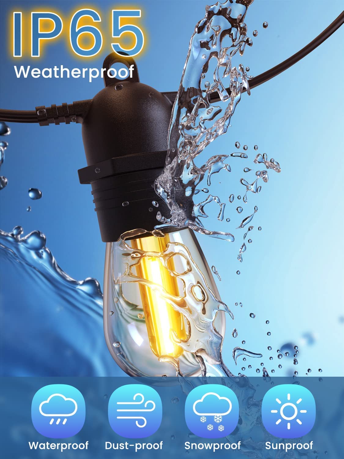 BowLift | Festoon Lights Outdoor, 53FT/16M S14 Outdoor Garden LED String Lights, IP65 Waterproof Outdoor String Lights Main Power 2700K 15+1(Replacement) Bulbs for Outdoor Patio Terrace Yard Wedding Party