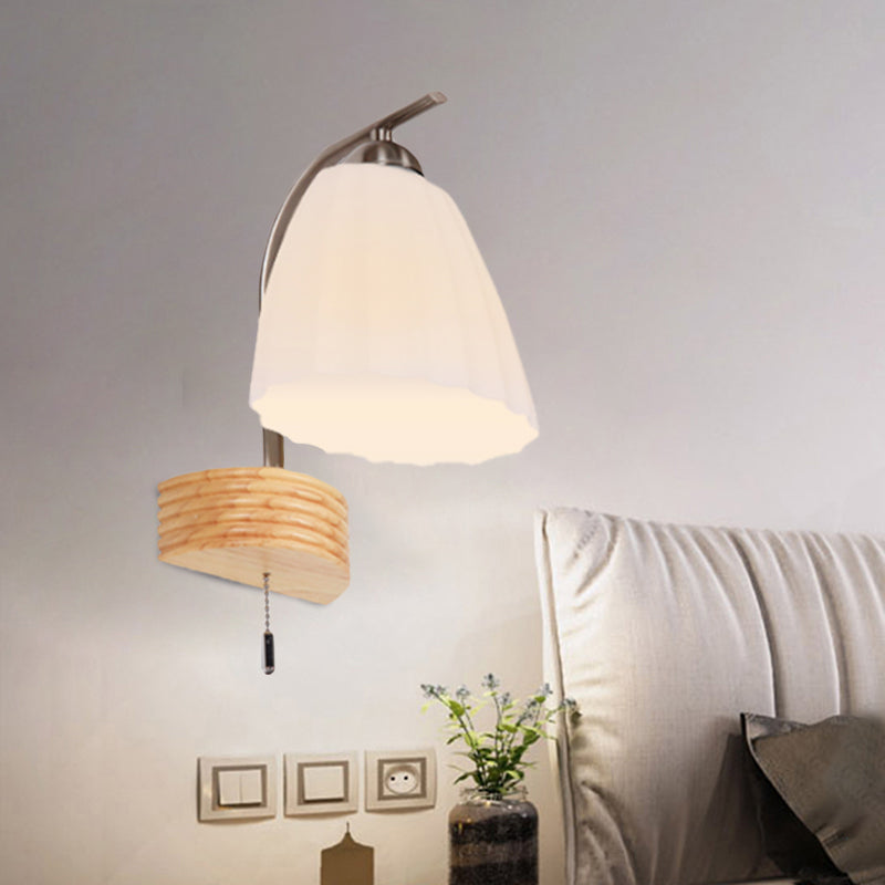 BowLift | Milk Ribbed Glass Flared Wall Light Modern 1 Head Wall Lamp with Pull Switch and Wood Back Plate