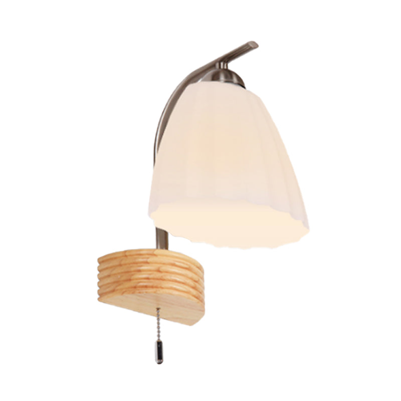 BowLift | Milk Ribbed Glass Flared Wall Light Modern 1 Head Wall Lamp with Pull Switch and Wood Back Plate
