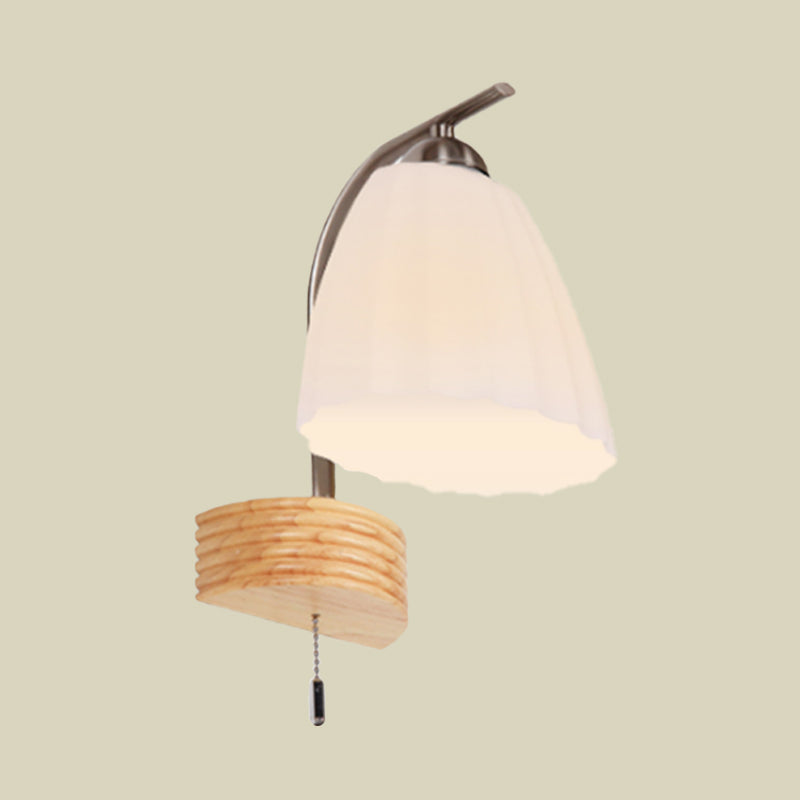 BowLift | Milk Ribbed Glass Flared Wall Light Modern 1 Head Wall Lamp with Pull Switch and Wood Back Plate