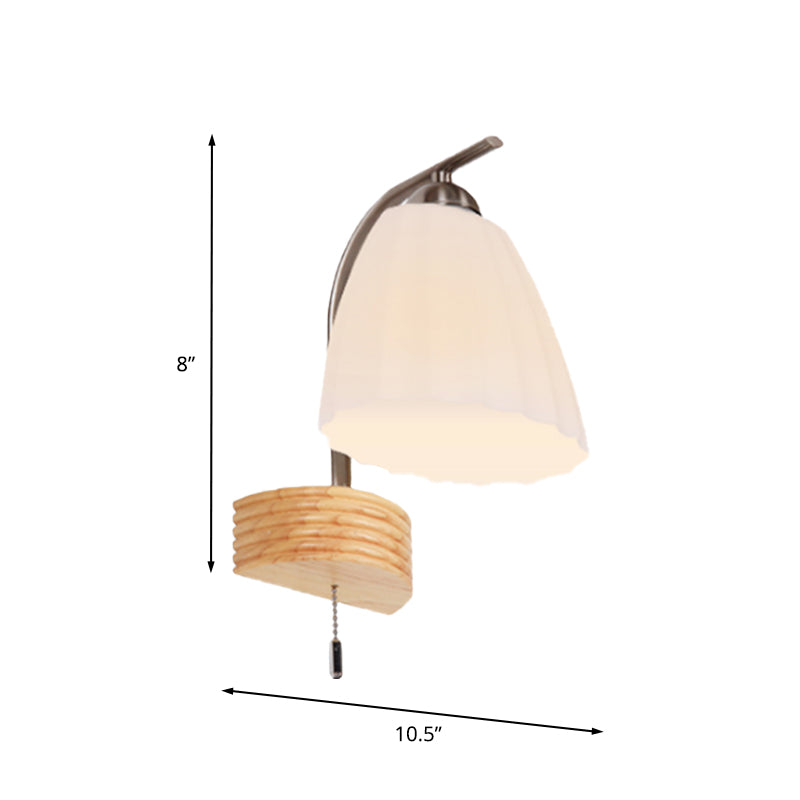 BowLift | Milk Ribbed Glass Flared Wall Light Modern 1 Head Wall Lamp with Pull Switch and Wood Back Plate