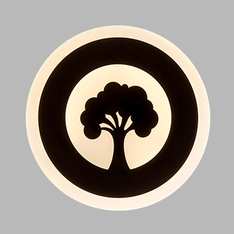 BowLift | Acrylic Round Wall Lighting Modernism LED Flush Wall Lamp in Black with Tree Pattern, White/Warm Light