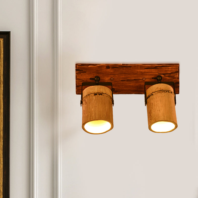 BowLift | Vintage Cylinder Wall Lamp Sconces 2/3-Light Bamboo Wall Lamp in Brown with Linear Wooden Backplate