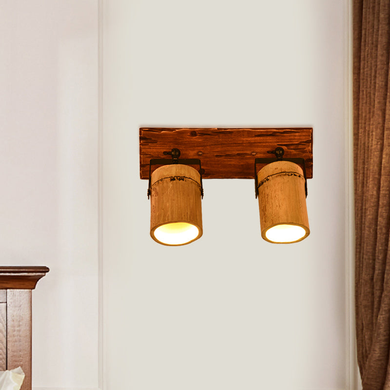 BowLift | Vintage Cylinder Wall Lamp Sconces 2/3-Light Bamboo Wall Lamp in Brown with Linear Wooden Backplate