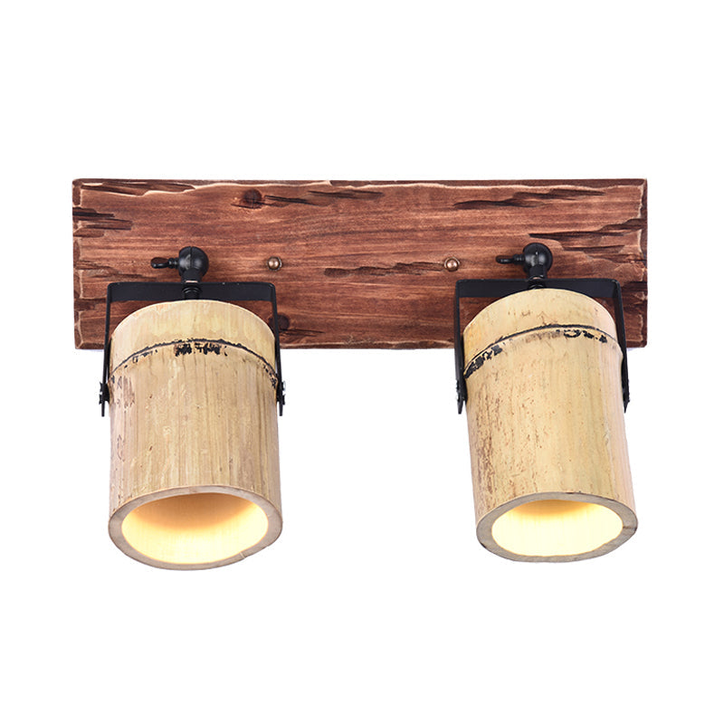 BowLift | Vintage Cylinder Wall Lamp Sconces 2/3-Light Bamboo Wall Lamp in Brown with Linear Wooden Backplate