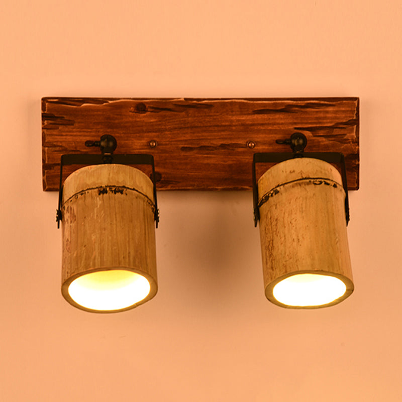 BowLift | Vintage Cylinder Wall Lamp Sconces 2/3-Light Bamboo Wall Lamp in Brown with Linear Wooden Backplate