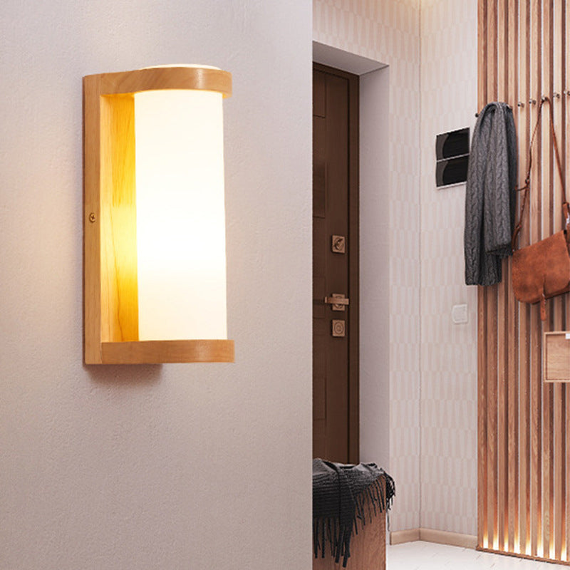 BowLift | Simple rectangular wall lamp wood 1 head corner wall embedded lamp with tubular opal glass shade