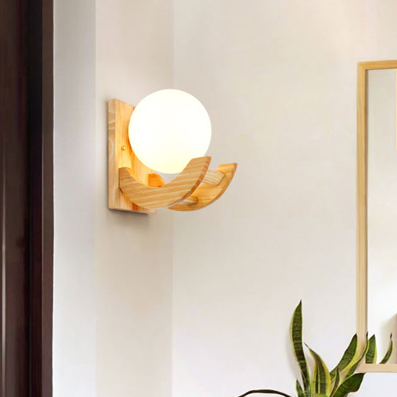 BowLift | Curved Arm Wooden Wall Lamp Modern 1 Bulb Beige Wall Mount Lamp with Orb White Glass Shade