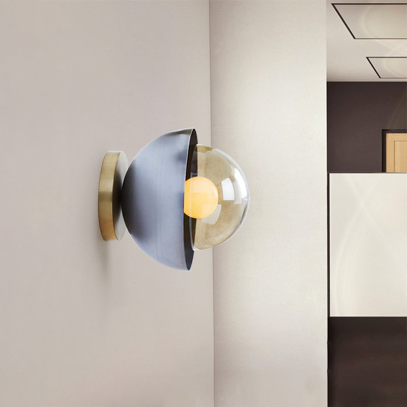 BowLift | Metallic Half-Moon Wall Lamp Modernist 1-Light Brass/Chrome Wall Light with Orb Tan Glass Shade for Hallway