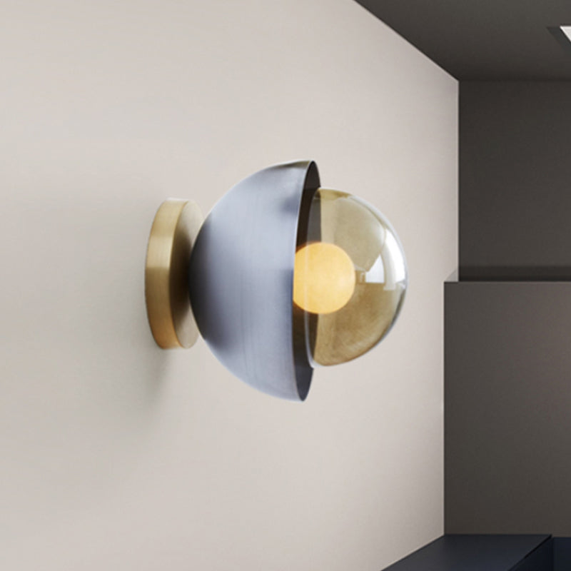 BowLift | Metallic Half-Moon Wall Lamp Modernist 1-Light Brass/Chrome Wall Light with Orb Tan Glass Shade for Hallway