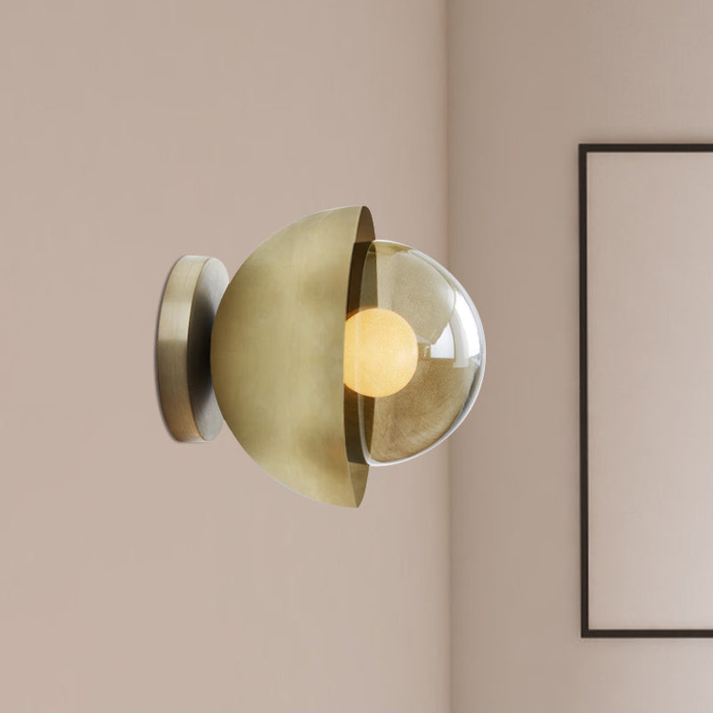 BowLift | Metallic Half-Moon Wall Lamp Modernist 1-Light Brass/Chrome Wall Light with Orb Tan Glass Shade for Hallway