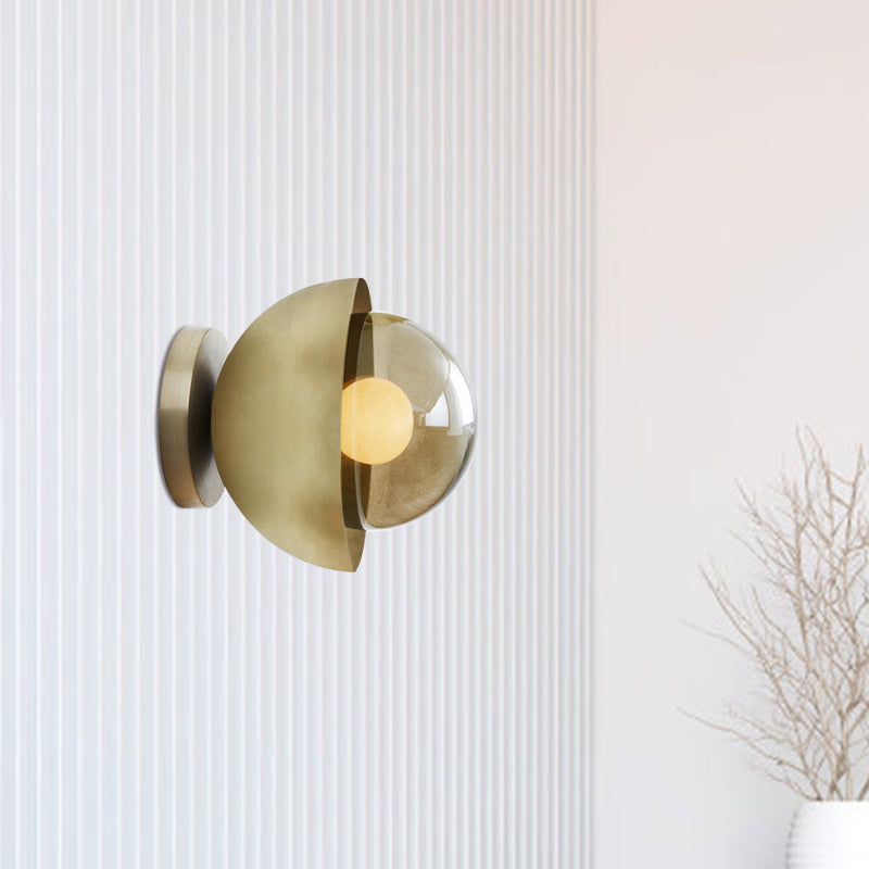 BowLift | Metallic Half-Moon Wall Lamp Modernist 1-Light Brass/Chrome Wall Light with Orb Tan Glass Shade for Hallway