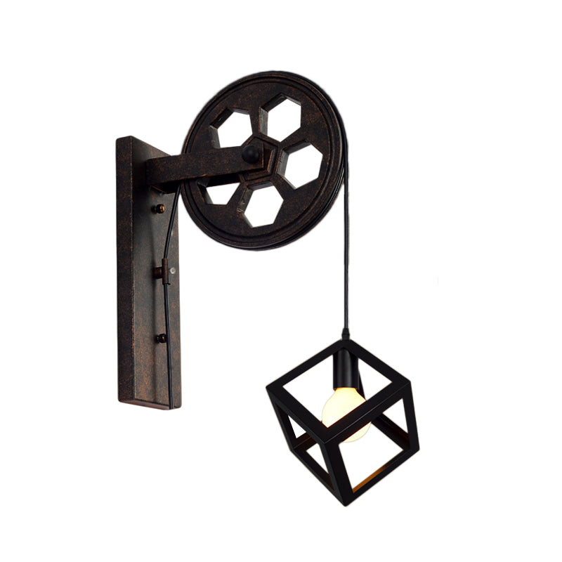 BowLift | Black 1 Head Wall Scone Light Vintage Industrial Wrought Iron Square Cage Wall Lighting for Farmhouse