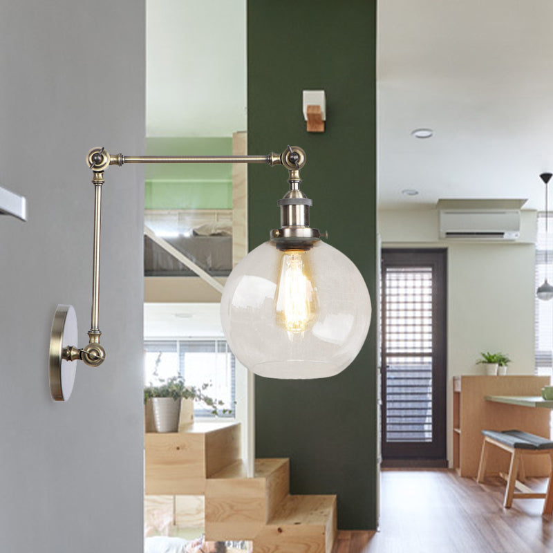 BowLift | Rustic Globe Wall Lighting Fixture 1 Bulb Clear Glass Sconces Light in Antique Brass