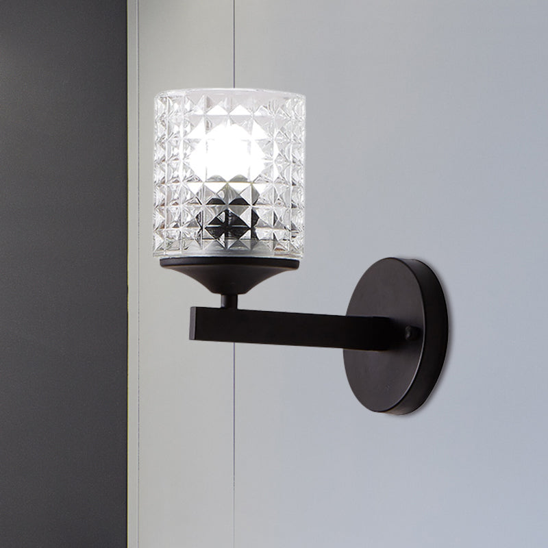 BowLift | Cylinder Clear Textured Glass Wall-mounted Modern Single Bulb Bedroom Wall Light in Black/Silver