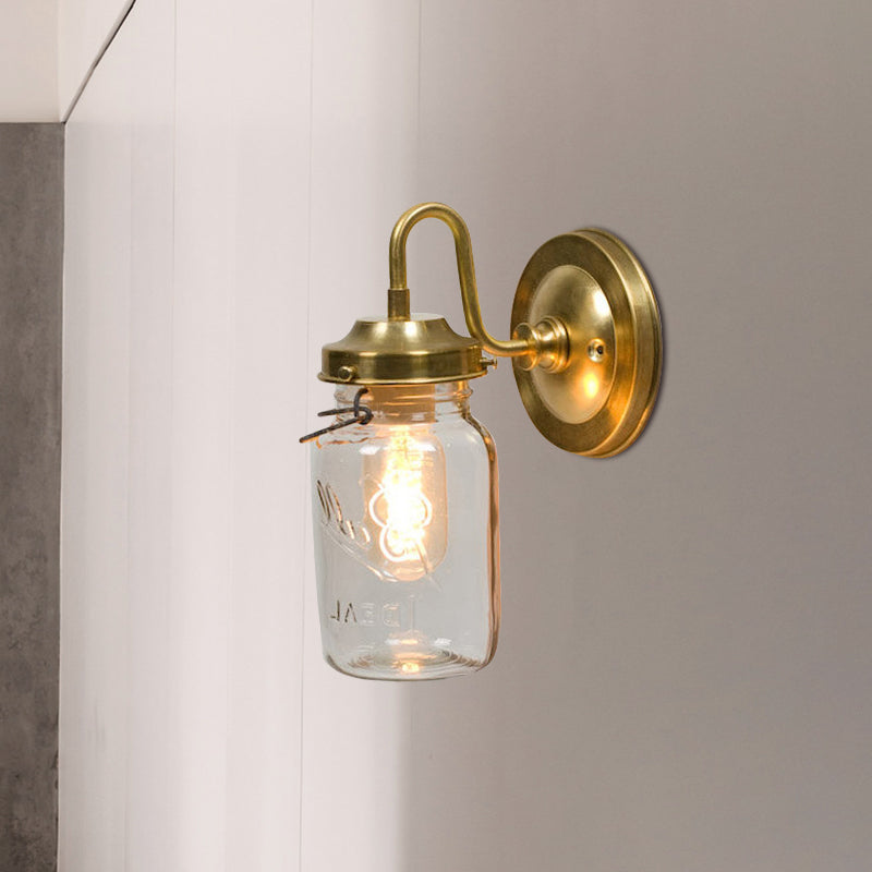 BowLift | Clear glass jar shade wall lighting industrial 1 light hallway light fixture in brass with letter