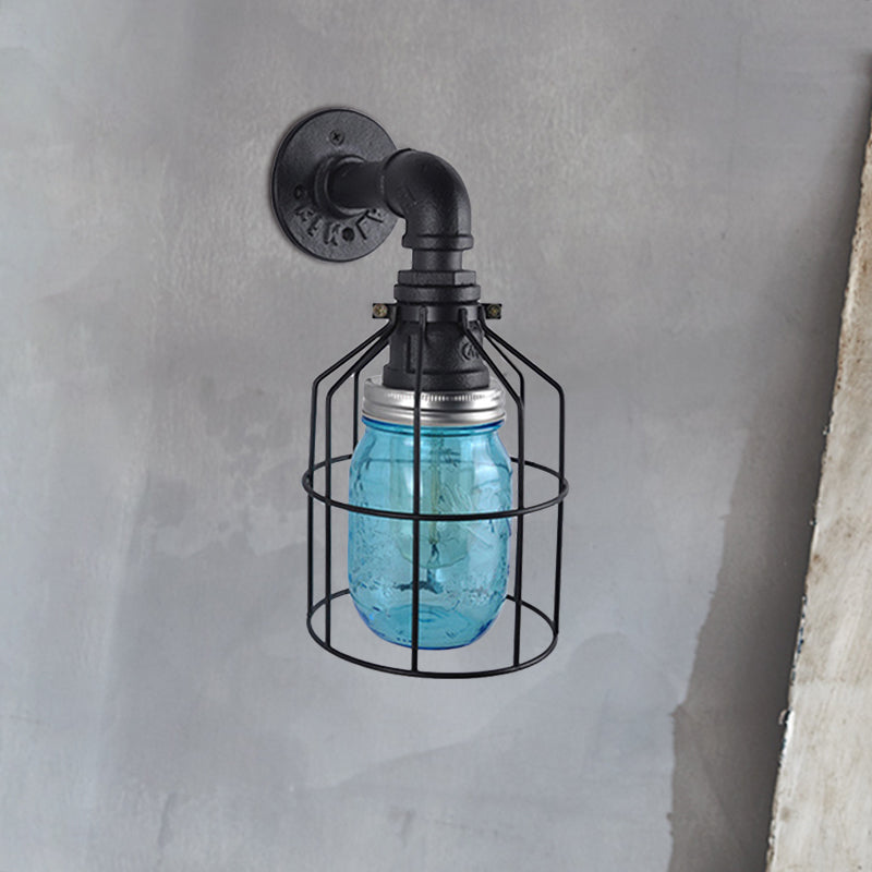 BowLift | Blue/Clear Glass Shade Wall Lamp with Wire Cage Industrial Style Glass 1 Bulb Restaurant Wall Light