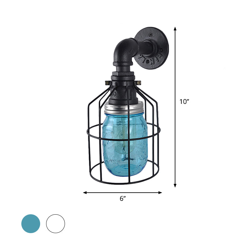 BowLift | Blue/Clear Glass Shade Wall Lamp with Wire Cage Industrial Style Glass 1 Bulb Restaurant Wall Light