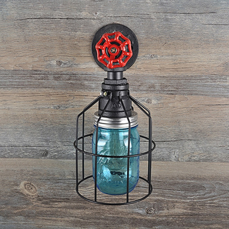 BowLift | Vintage Caged Wall Lamp with Inner Pot Shade and Red Flap 1 Light Glass Wall Lighting in Blue/Transparent